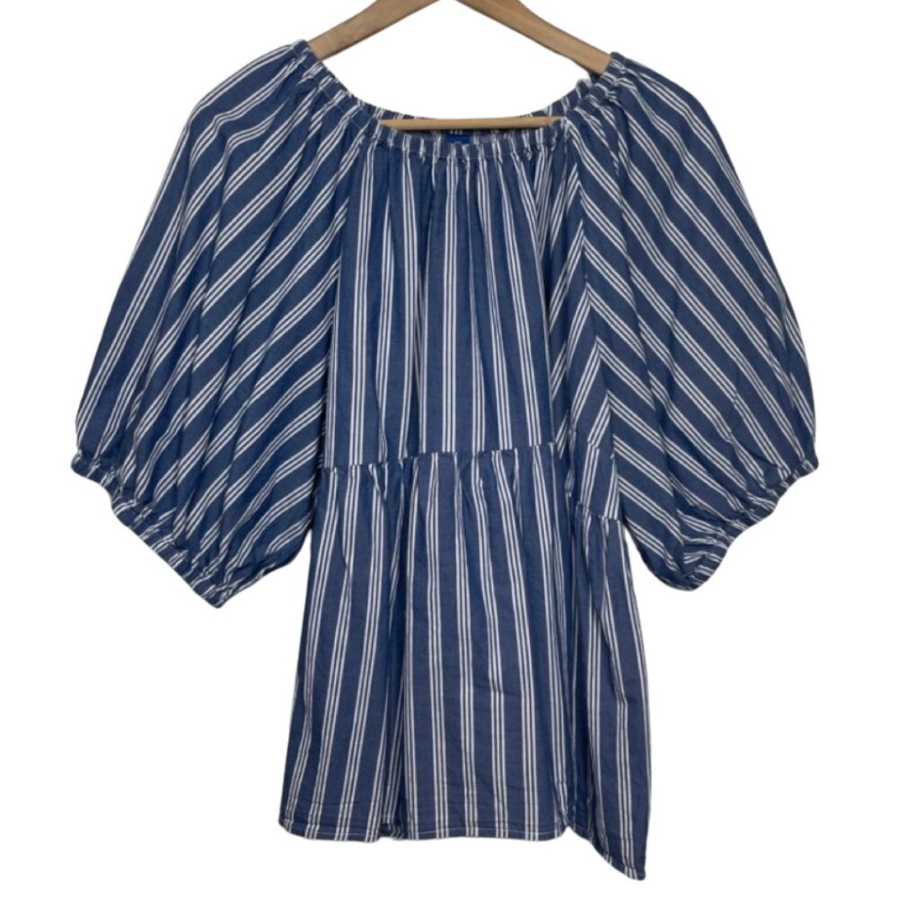 OLD NAVY | Blue & White Cotton Striped Puff Sleeve Empire Waist Top | Size XXL